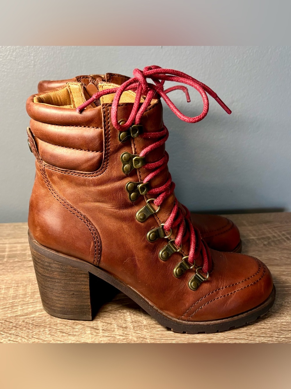 Lucky Brand Brown Leather Lace-Up Block Heel Boots with Red Laces